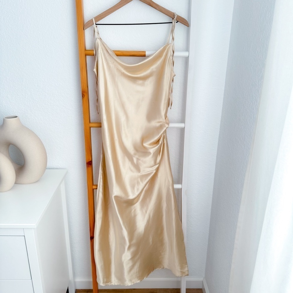 Topsix Bridesmaids Midi Slit Dress Silky Satin Gold Side Slit Cowl Neck - Picture 3 of 14